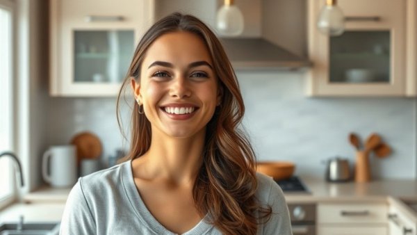 Young woman in stylish home design kitchen