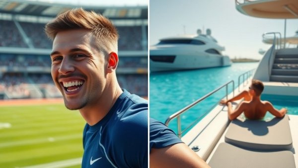 Kylian Mbappé recovery vacation scenes: athlete celebrating; poolside relaxation.