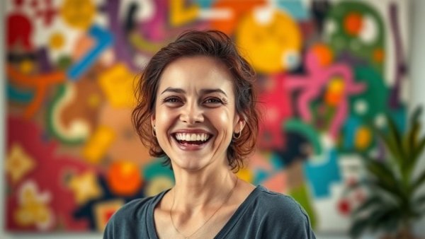 Smiling woman against colorful abstract painting, vibrant home design.