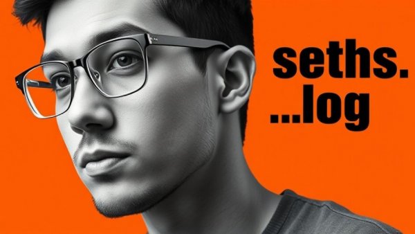 Monochrome portrait on orange background with blog text.
