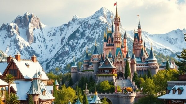 World of Frozen at Disneyland Paris featuring enchanting snowy mountain landscape and vibrant architecture.