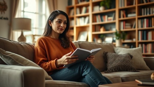 Woman in a cozy home design setting, sharing ideas.
