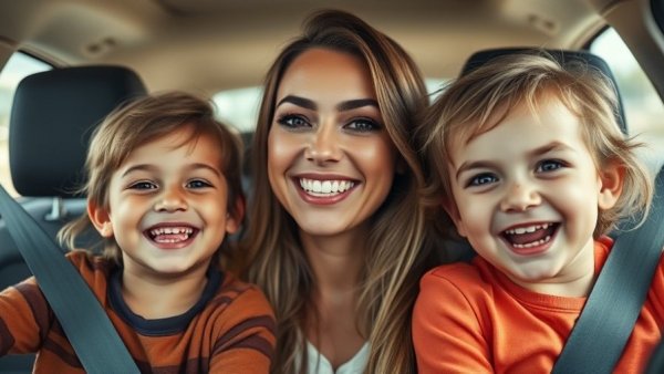 Joyful family moment in a car, capturing connection.