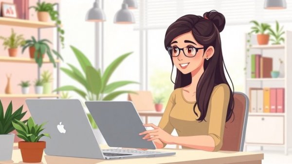 Mother balancing work life, digital illustration in colorful office.