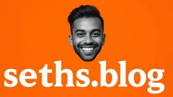 Portrait on orange background with 'seths.blog' text.
