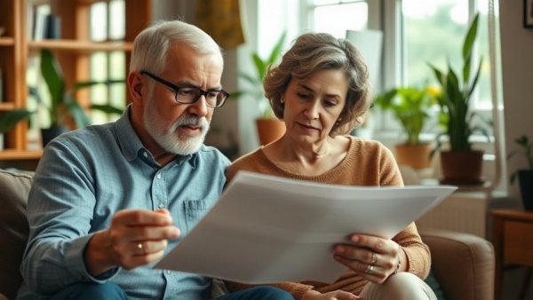 Mature couple reviews documents at home to invest tax refund