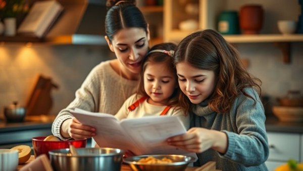 Mother and child cooking together with recipe in cozy kitchen