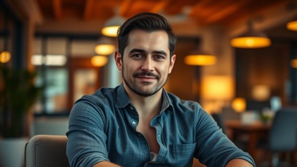 AI Automation in Business concept with confident man in office setting.