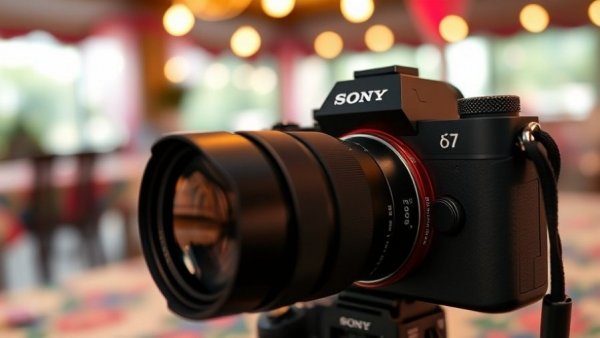 Sony α7 camera with screen displaying outdoor scene, vivid detail.