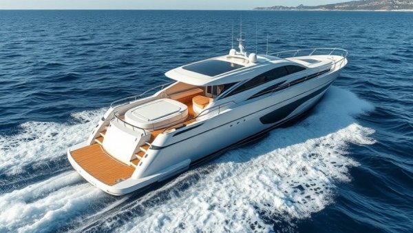 Luxury yacht cruising in open sea with coastline view.