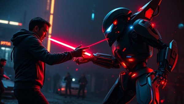 AI and data privacy theme with human vs robot scene in a glowing battlefield.
