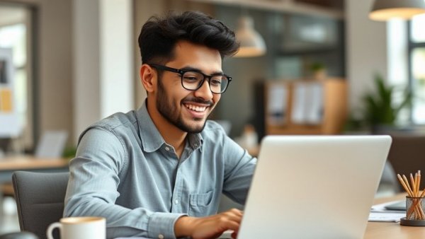 Young professional smiling in office with laptop, showcasing effective AI integration for entrepreneurs.
