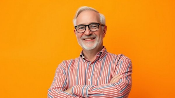 Cheerful man in striped shirt smiles confidently in bright setting.