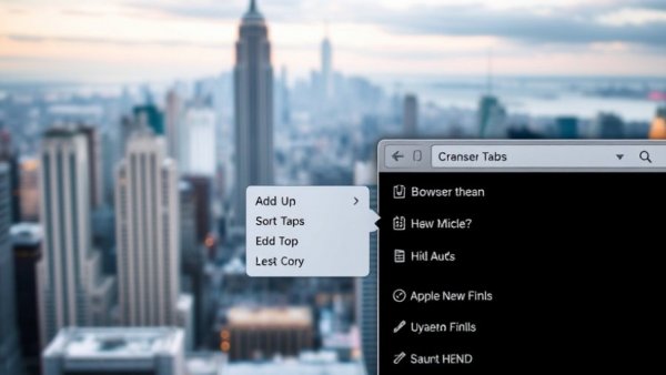 Browser interface with automatically organizing your tabs, cityscape in the background.