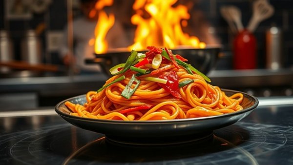 Spicy noodles with chili and green onions in kitchen.