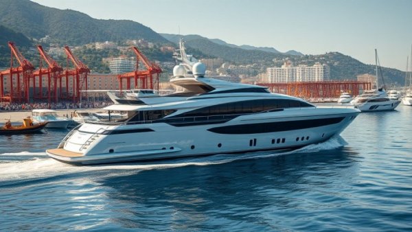 Hybrid superyacht cruising in a shipyard with city in background.