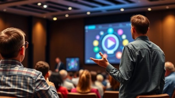 Dynamic speaker at seminar, engaging audience in discussion