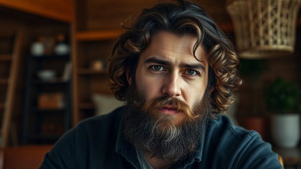 Long-haired bearded man in cozy wooden home design.