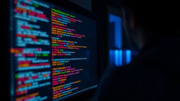 Close-up of computer screen with code in dark, shadowy room, AI zero-day exploit.