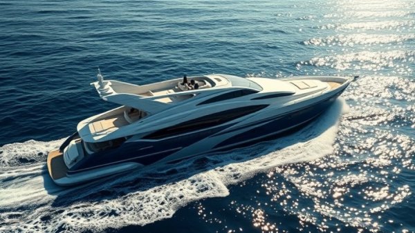 Modern luxury yacht cruising on the ocean with sunlight reflections.