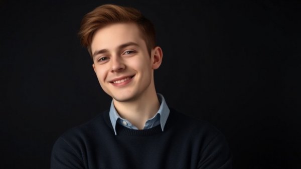 Confident young man in dark attire smiling gently.