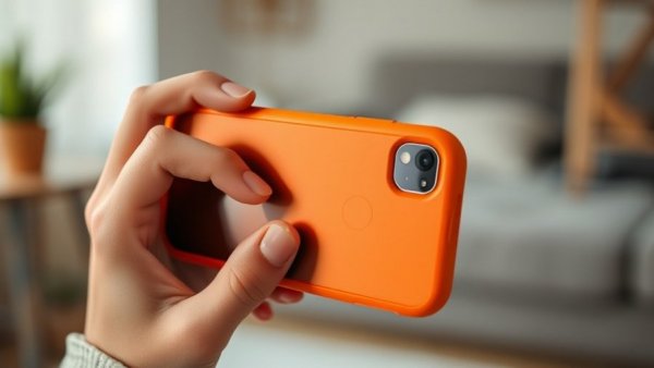 Close-up of hands interacting with a smartphone in orange case.