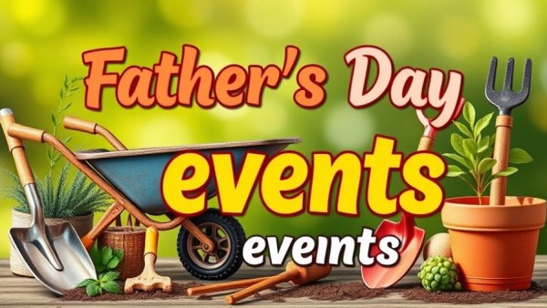 Colorful Father's Day events graphic with gardening tools.