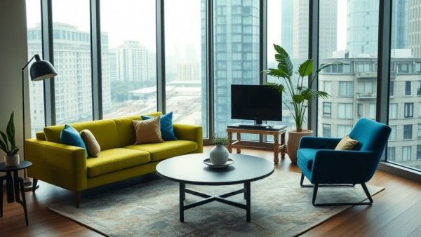 Modern living room's contemporary home design with urban view.
