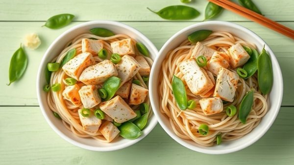 Healthy poached chicken recipe with soba noodles and snap peas.
