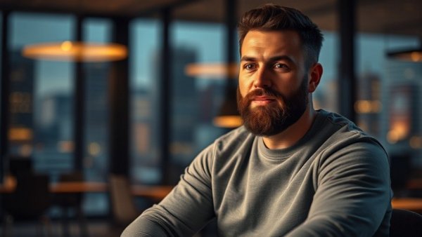 Confident man indoors with cityscape background, AI trading bots.