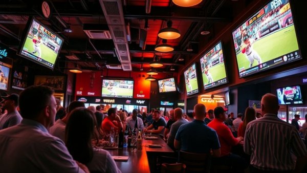 Vibrant sports bar in Orlando with patrons watching baseball on large screens.