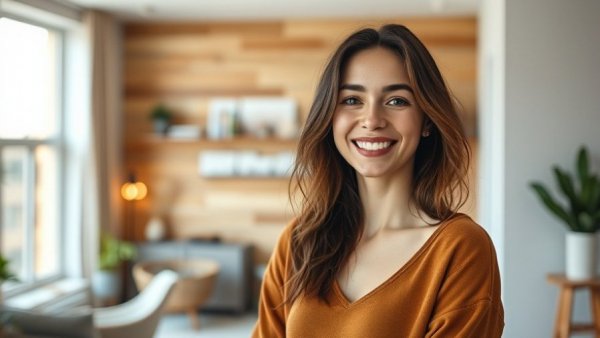 Smiling woman in modern home interior, emphasizing home design.
