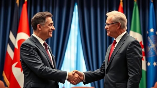 Diplomatic handshake between two suited figures under national flags.