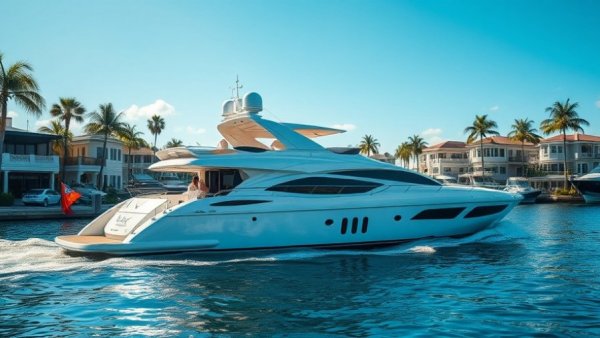 Luxury yacht cruising by elegant waterfront mansions.