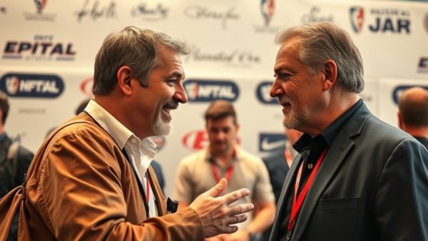 Dynamic event discussion scene with two men engaging.