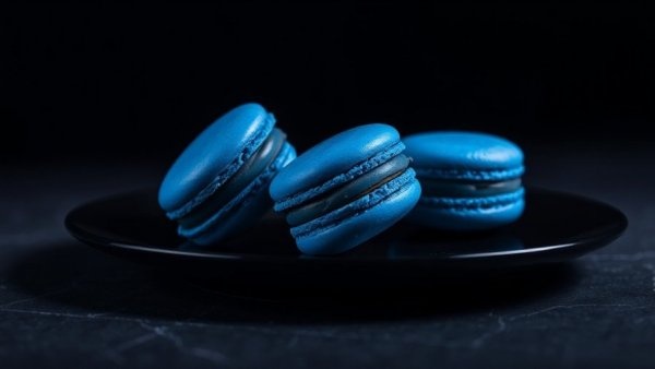 Blue macarons displayed on a black plate with artistic lighting.