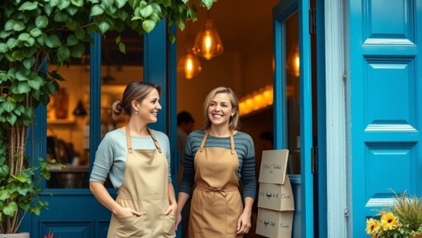 Women in apron smiling at cafe entrance, optimizing tax deductions concept.