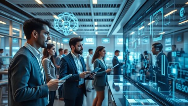 Futuristic office showcasing how to use AI tools in dynamic digital interactions.