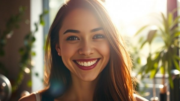 Smiling woman in bright interior, home design backdrop
