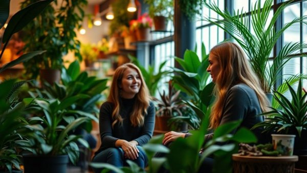 Women business owners discussing strategies in plant store