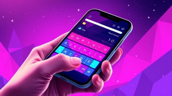 Colorful keys app icon on smartphone held against vibrant background.