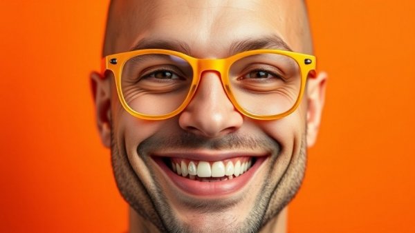 Smiling man with yellow glasses on orange background, empower your hotel staff.