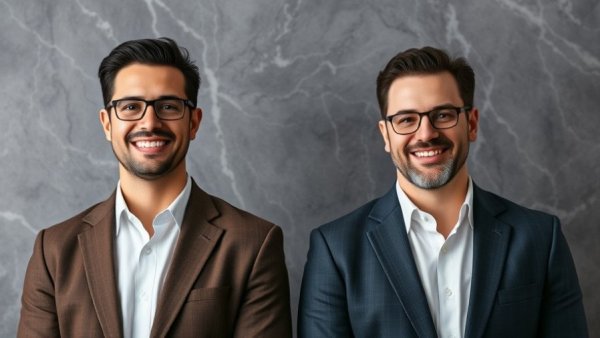 Professionally dressed men smiling, family-oriented retirement planning focus.