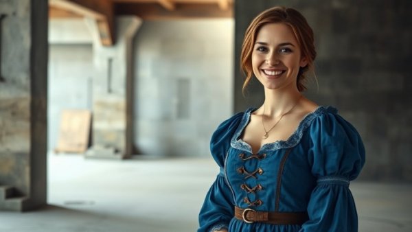 A woman in a blue medieval-style dress smiling indoors.