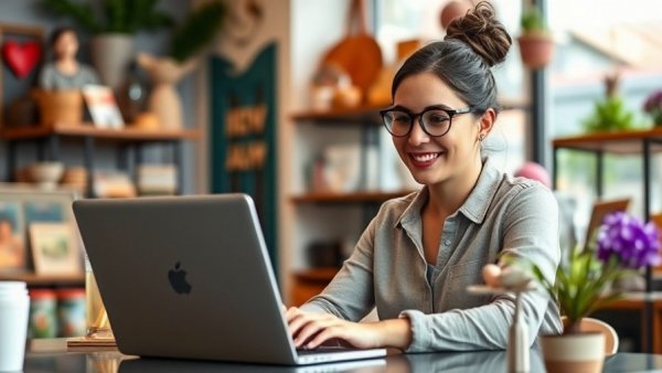 Young business owner managing finances in boutique shop.