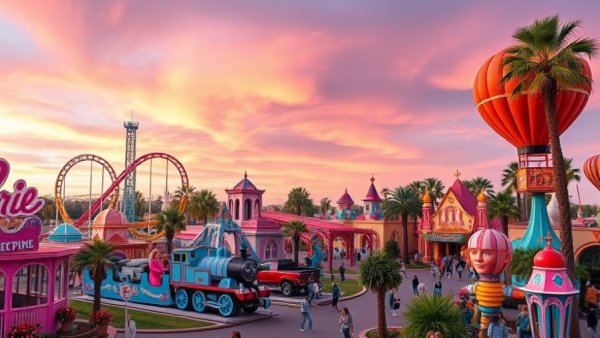Vibrant Mattel Adventure Park with iconic attractions, Kansas City uncertainty.