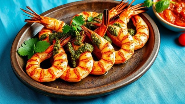 Grilled shrimp with chimichurri on a brown plate, blue linen backdrop.