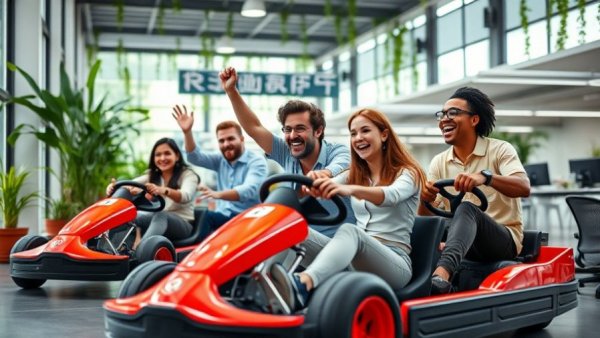 Playful scene of young professionals go-karting in an office, GoDaddy's Emerging Talent Programs.