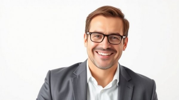 Professional man smiling forward in bright lighting.