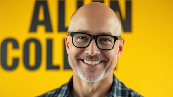 Friendly bald man with glasses smiling at camera against yellow background.
